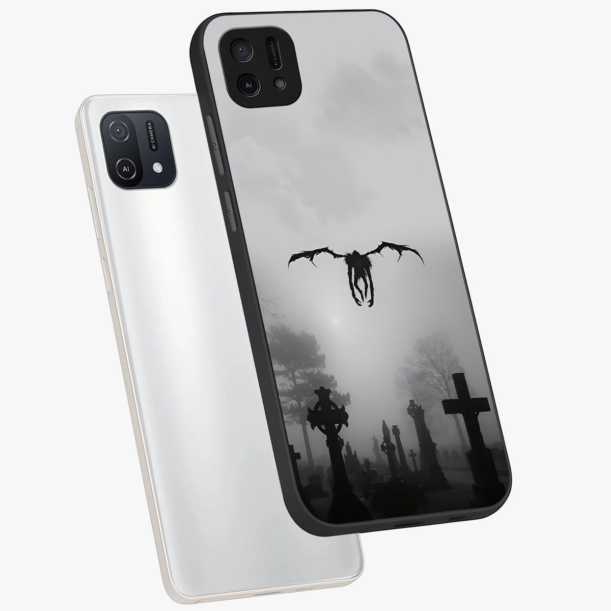 Graveyard Shadow Descent Glass Case displayed in angled mockup highlighting eerie shadow illustration with gothic aesthetic.
