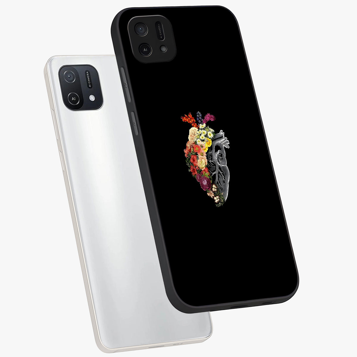 Heart With Flowers Glass Case displayed in angled mockup highlighting romantic flower design with soft aesthetic style.