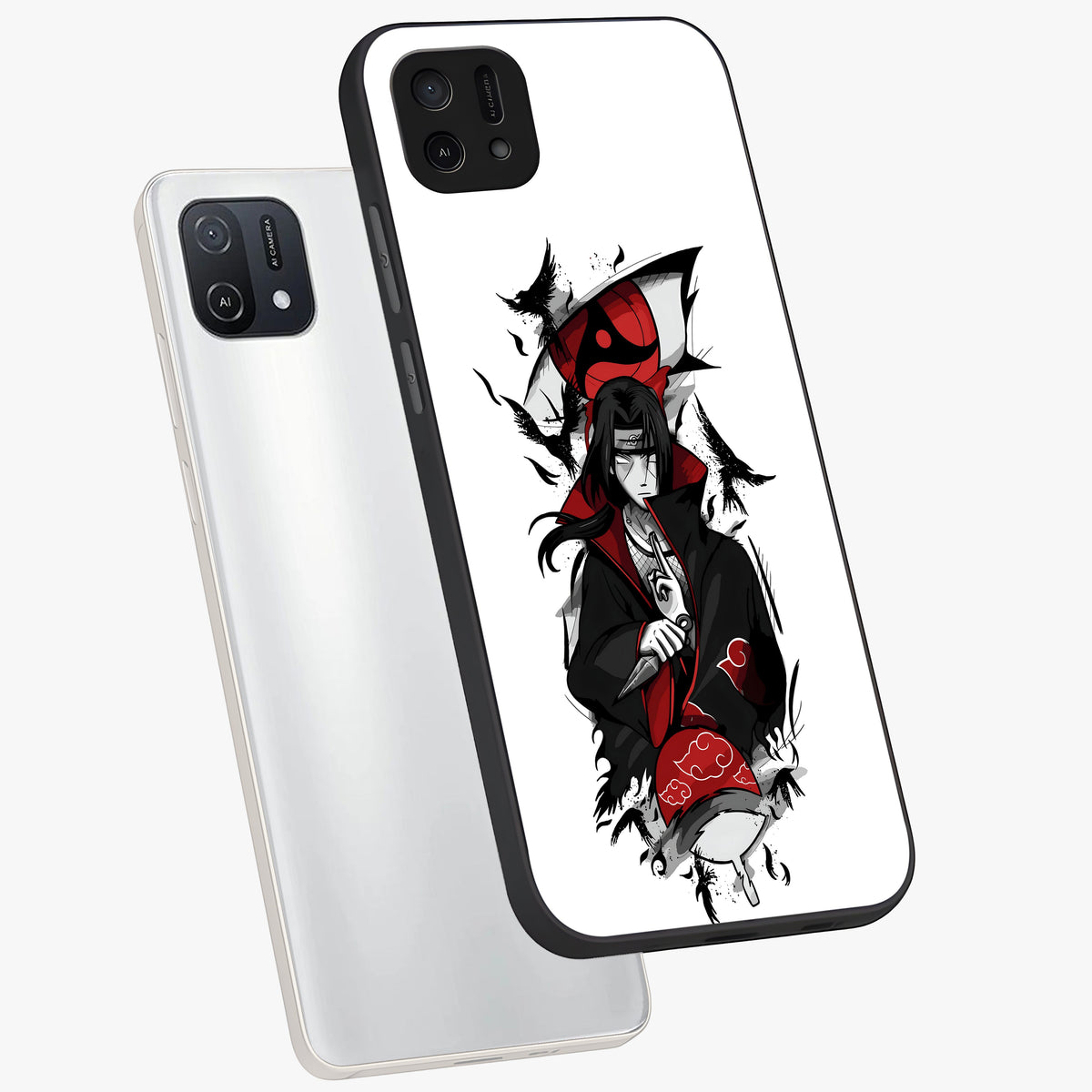 Itachi Limited Edition Naruto Anime Glass Case displayed in angled mockup highlighting dramatic anime illustration with bold action aesthetic.