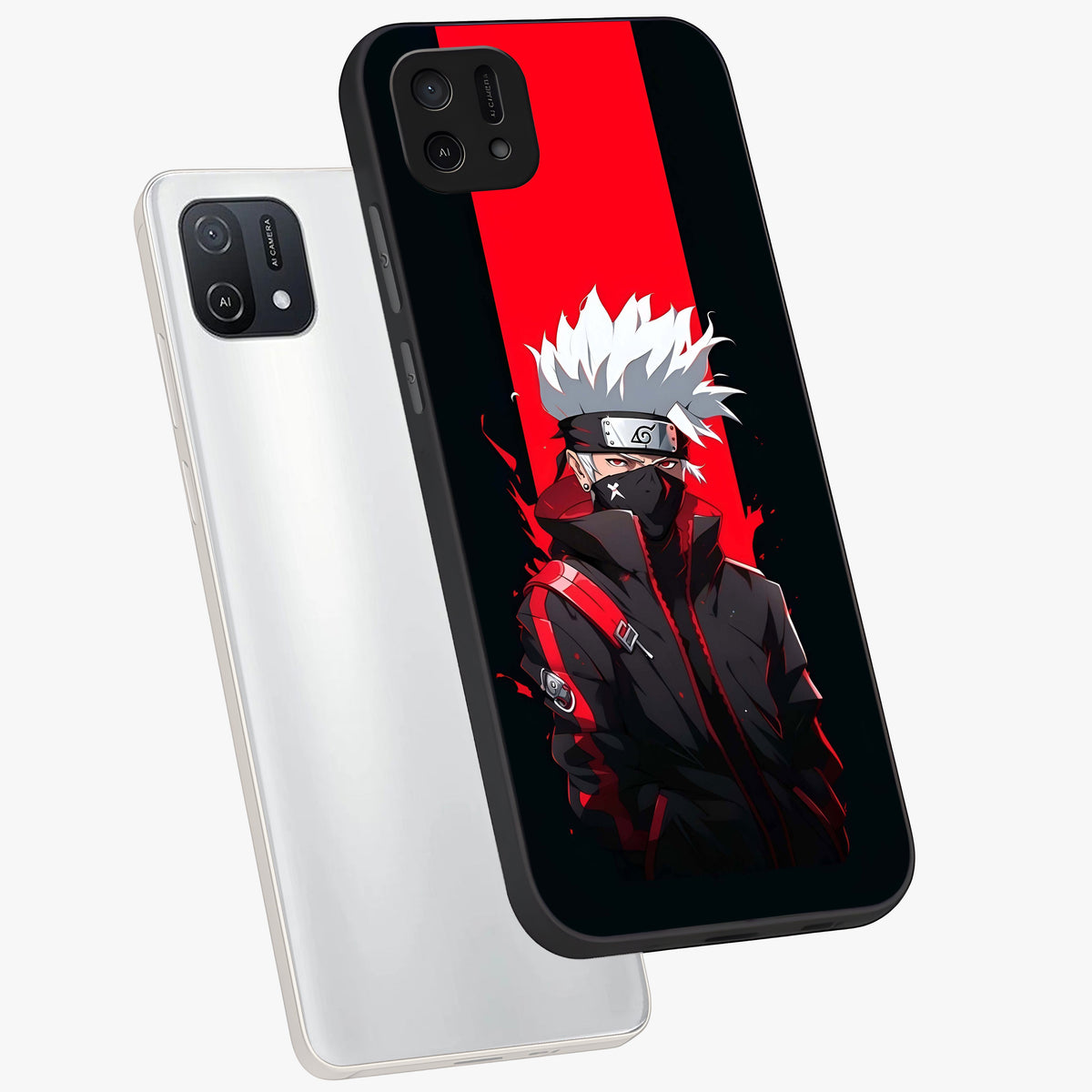 Kakashi Scarlet Shadow Glass Case displayed in angled mockup highlighting dramatic ninja illustration with scarlet themed aesthetic.