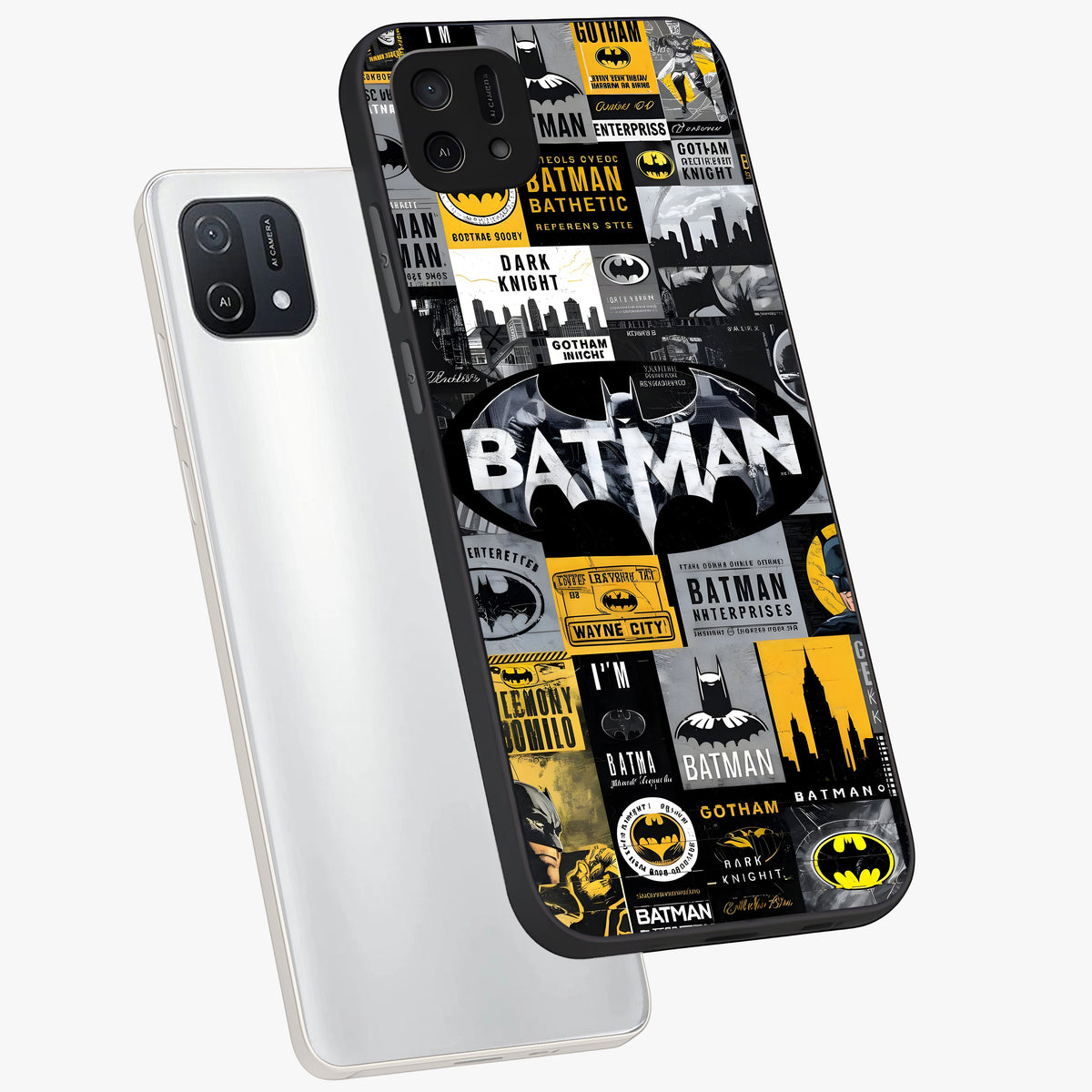 Knight Gotham Rise Glass Case displayed in angled mockup highlighting powerful knight silhouette design with dramatic aesthetic.