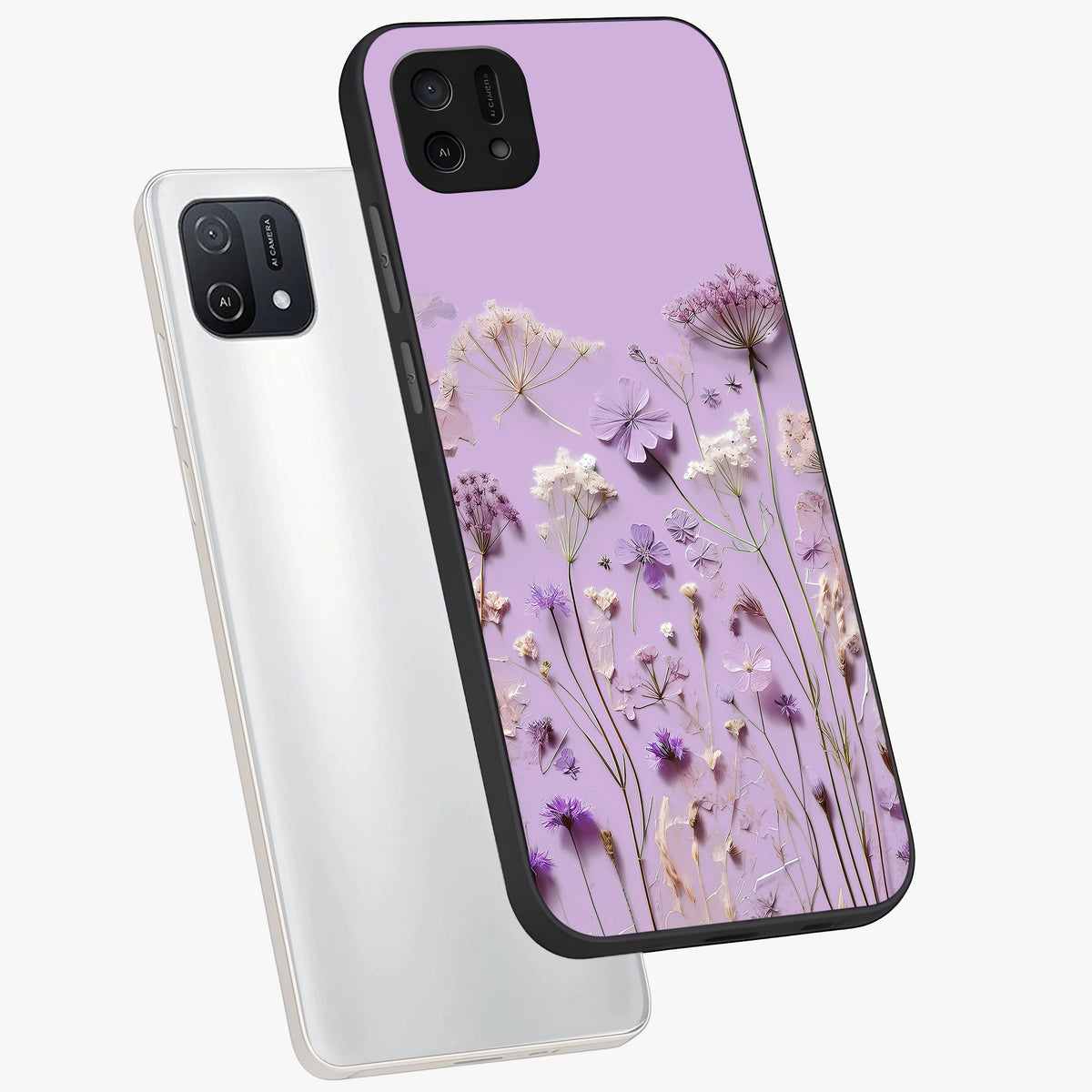 Lavender Blossom Dream Glass Case displayed in angled mockup highlighting dreamy lavender flower design with calming aesthetic style.