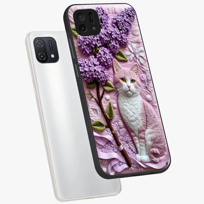 Lavender Cat Whimsy Glass Case displayed in angled mockup highlighting playful feline illustration with pastel lavender aesthetic.
