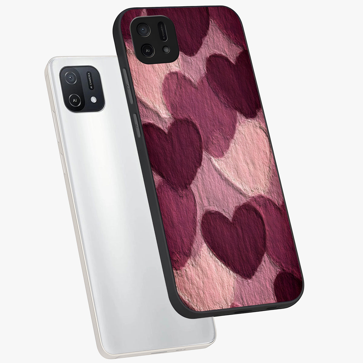 Layered Paper Hearts Glass Case displayed in angled mockup highlighting creative paper craft heart design with romantic aesthetic.