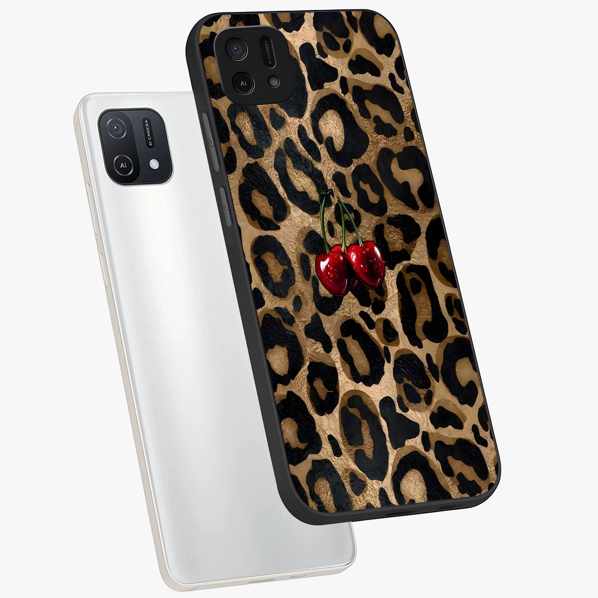 Leopard Wild Cherry Glass Case displayed in angled mockup highlighting bold animal print design with playful cherry aesthetic.