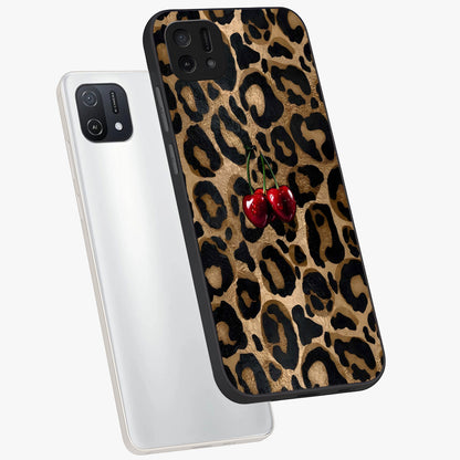 Leopard Wild Cherry Glass Case displayed in angled mockup highlighting bold animal print design with playful cherry aesthetic.