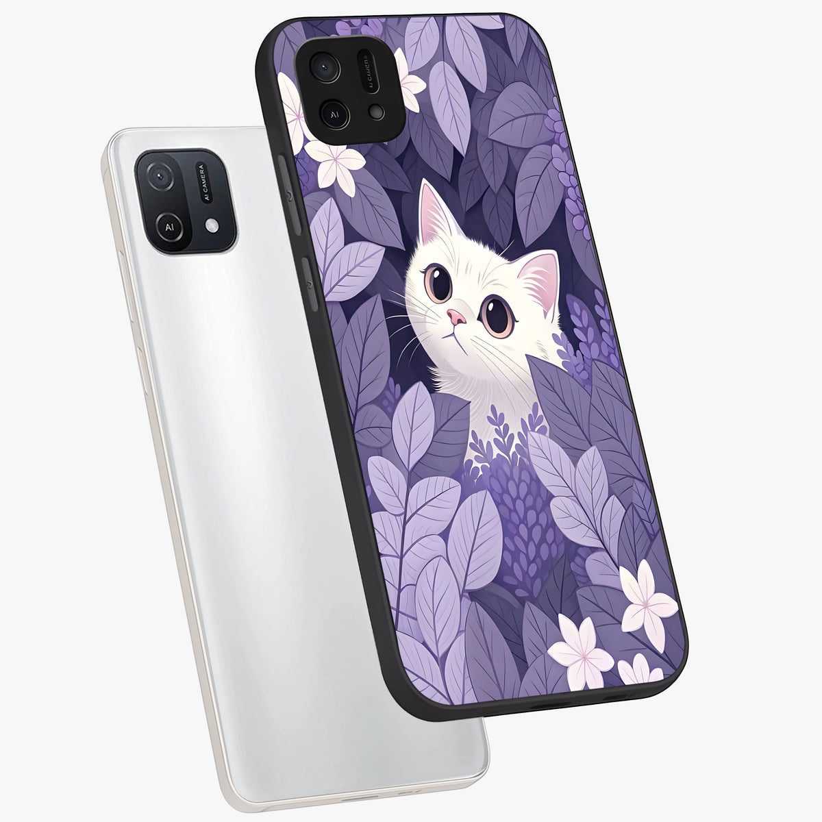 Lilac Hide Peek Cat Glass Case displayed in angled mockup highlighting playful feline illustration with lilac aesthetic design.