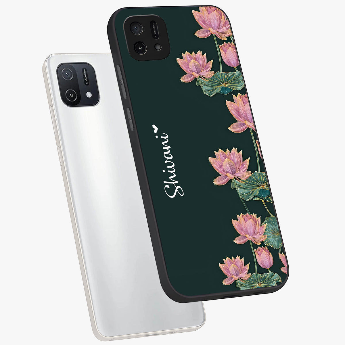 Lotus Bloom Serenity Custom Name Glass Case displayed in angled mockup highlighting graceful lotus illustration with custom name feature.
