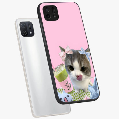 Love Matcha Cat Glass Case displayed in angled mockup highlighting playful feline illustration with cozy matcha aesthetic.