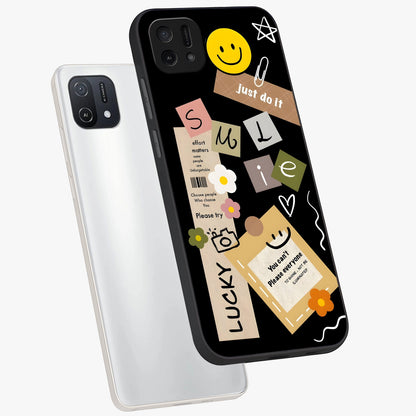 Lucky Aesthetic Collage Glass Case displayed in angled mockup highlighting stylish collage pattern with modern aesthetic vibe.