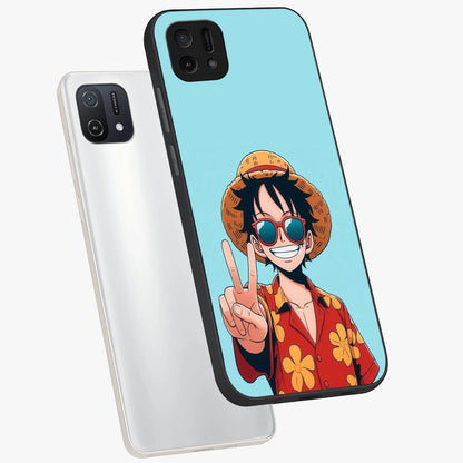 Luffy Summer Anime Vibe Glass Case displayed in angled mockup highlighting energetic anime illustration with summer vibe aesthetic.
