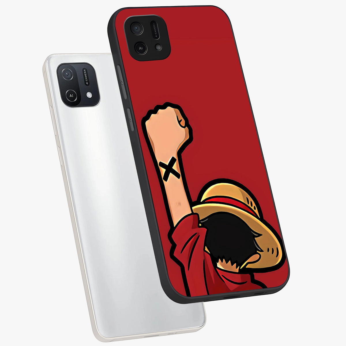Luffy X Spirit Glass Case displayed in angled mockup highlighting powerful anime design with energetic action aesthetic.