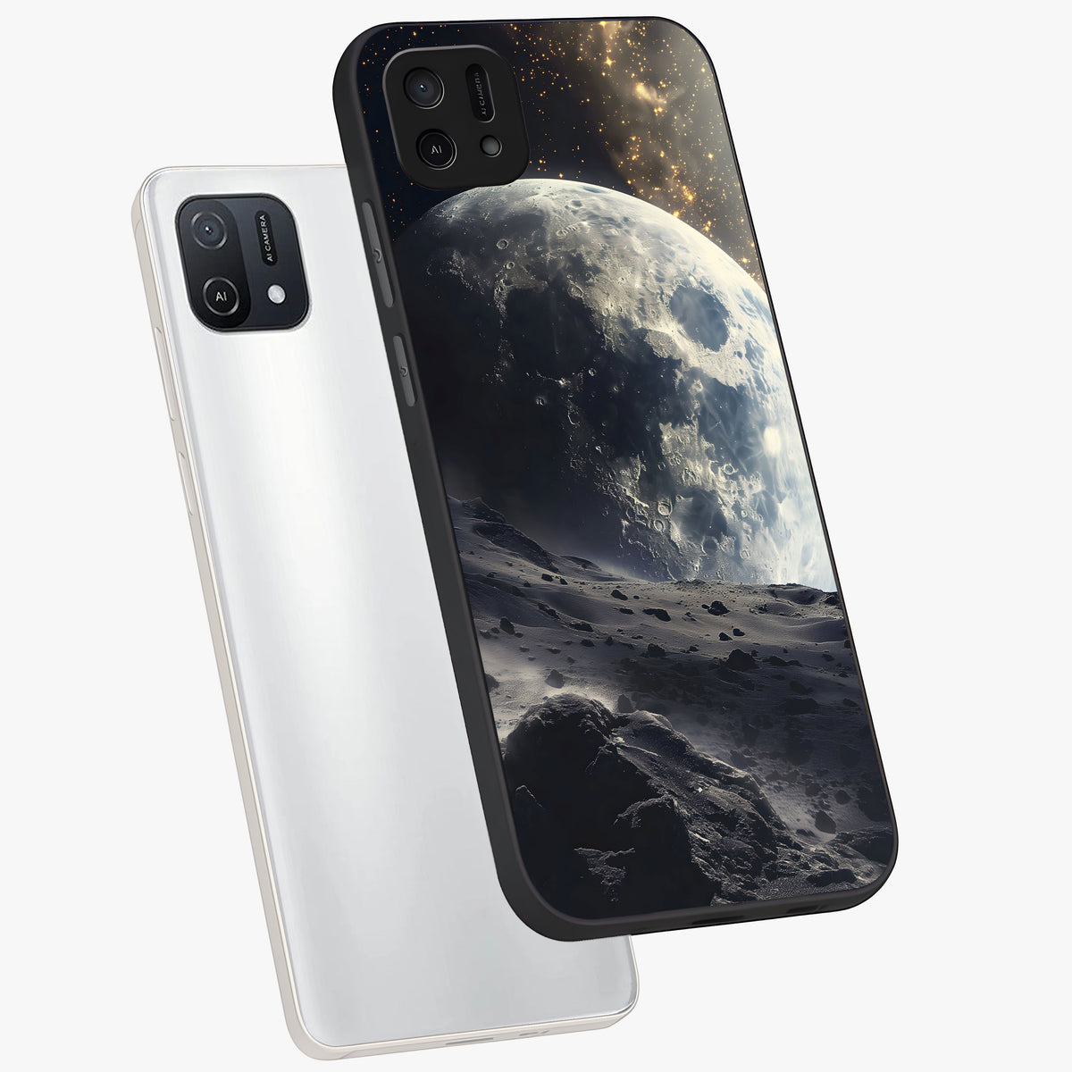 Lunar Horizon Glow Glass Case displayed in angled mockup highlighting celestial moon design with dreamy night aesthetic.