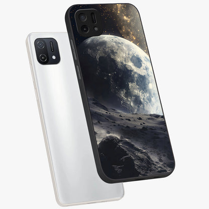 Lunar Horizon Glow Glass Case displayed in angled mockup highlighting celestial moon design with dreamy night aesthetic.