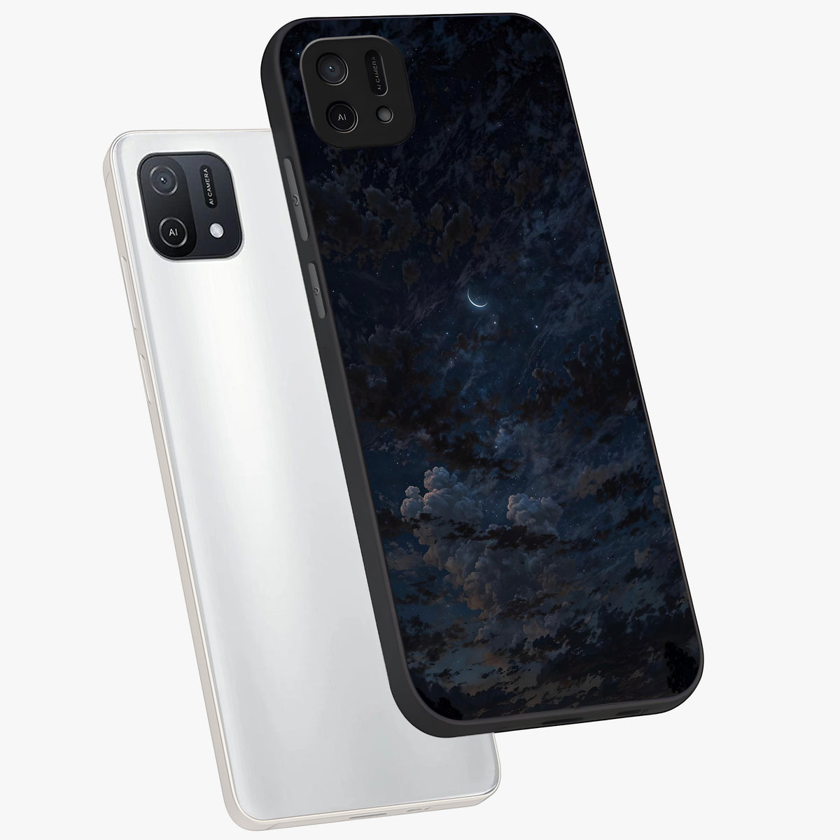 Lunar Veil Silence Glass Case displayed in angled mockup highlighting soft lunar design with peaceful celestial aesthetic.