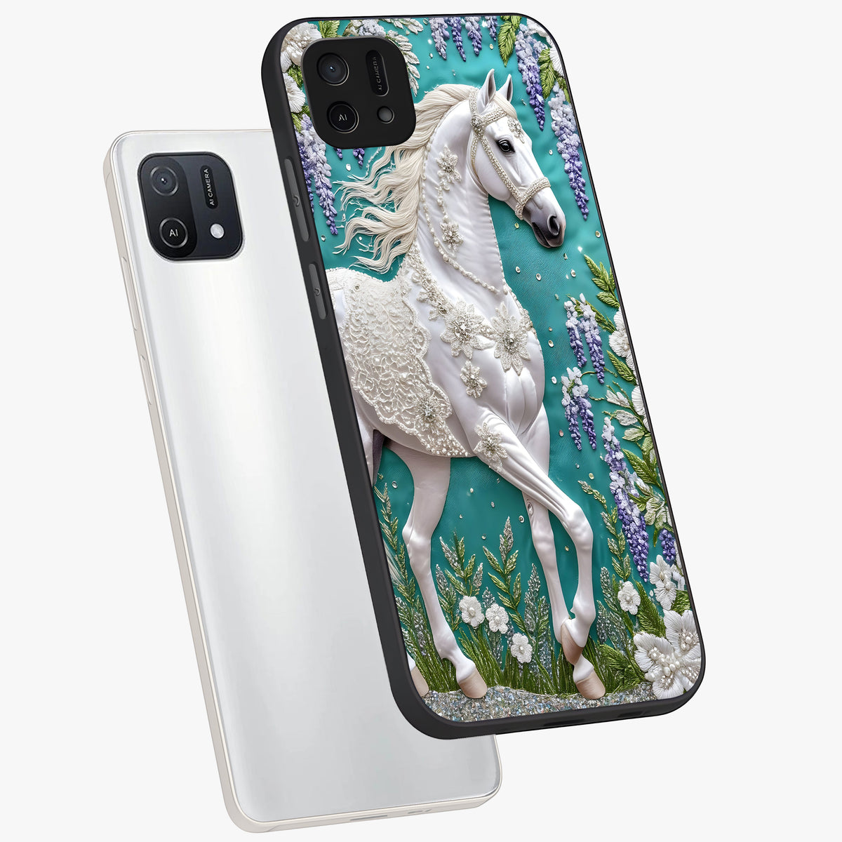 Majestic Floral Stallion Glass Case displayed in angled mockup highlighting majestic stallion illustration with elegant floral aesthetic.