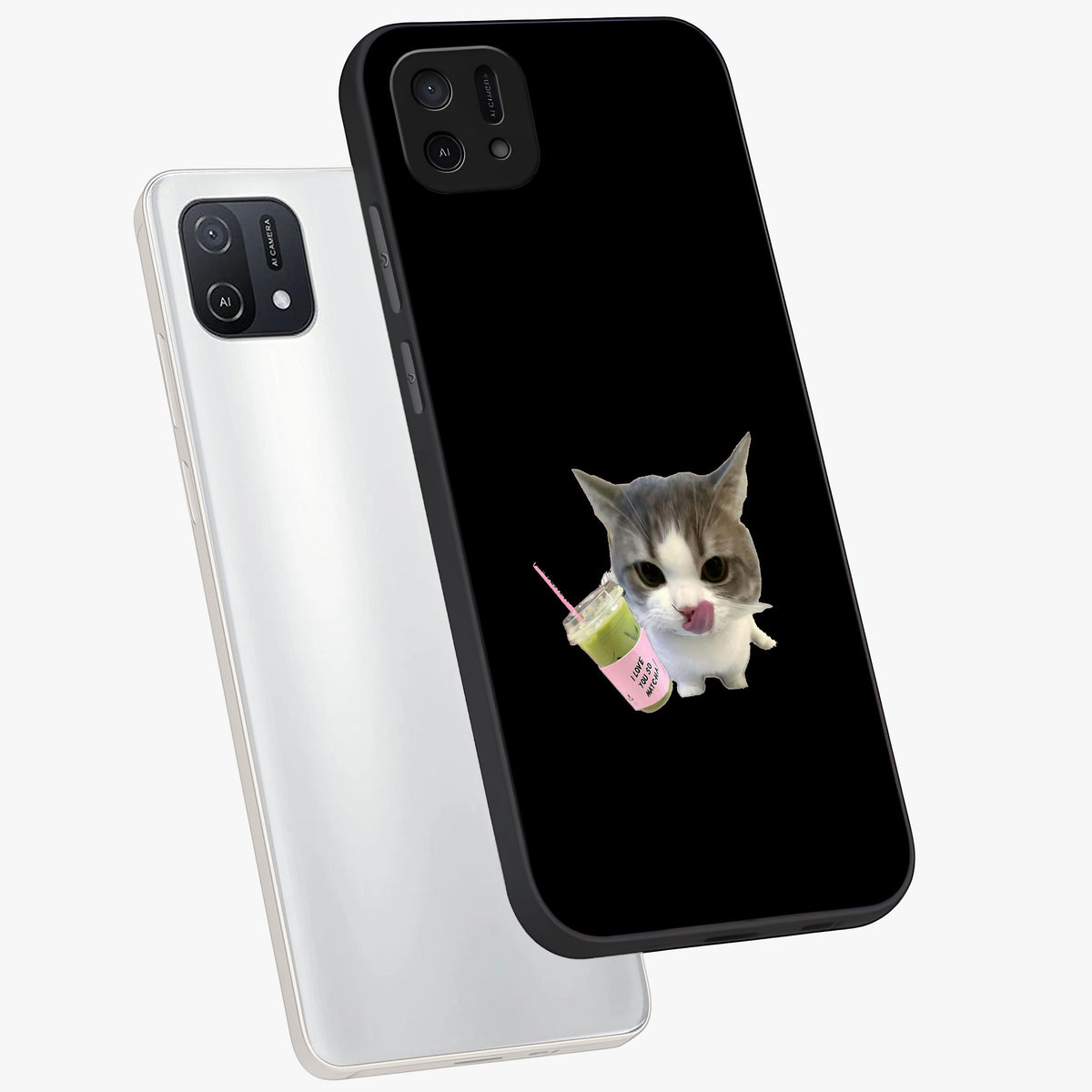 Matcha Cat Style Glass Case displayed in angled mockup highlighting playful feline design with pastel matcha aesthetic.