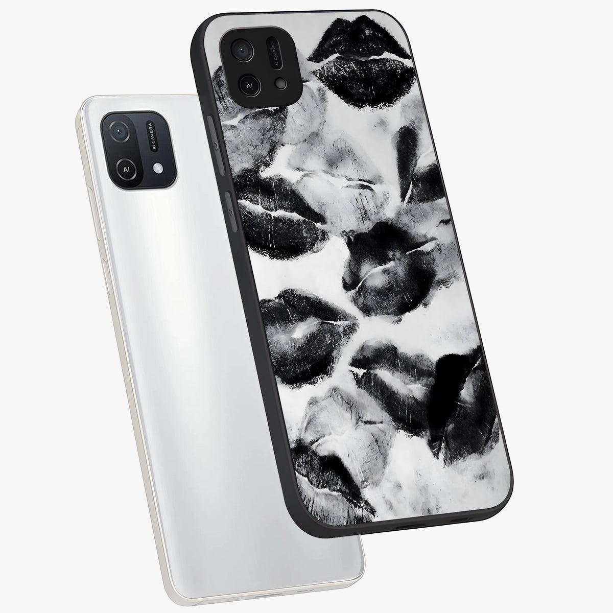Midnight Kiss Marks Glass Case displayed in angled mockup highlighting playful romantic design with bold midnight aesthetic.