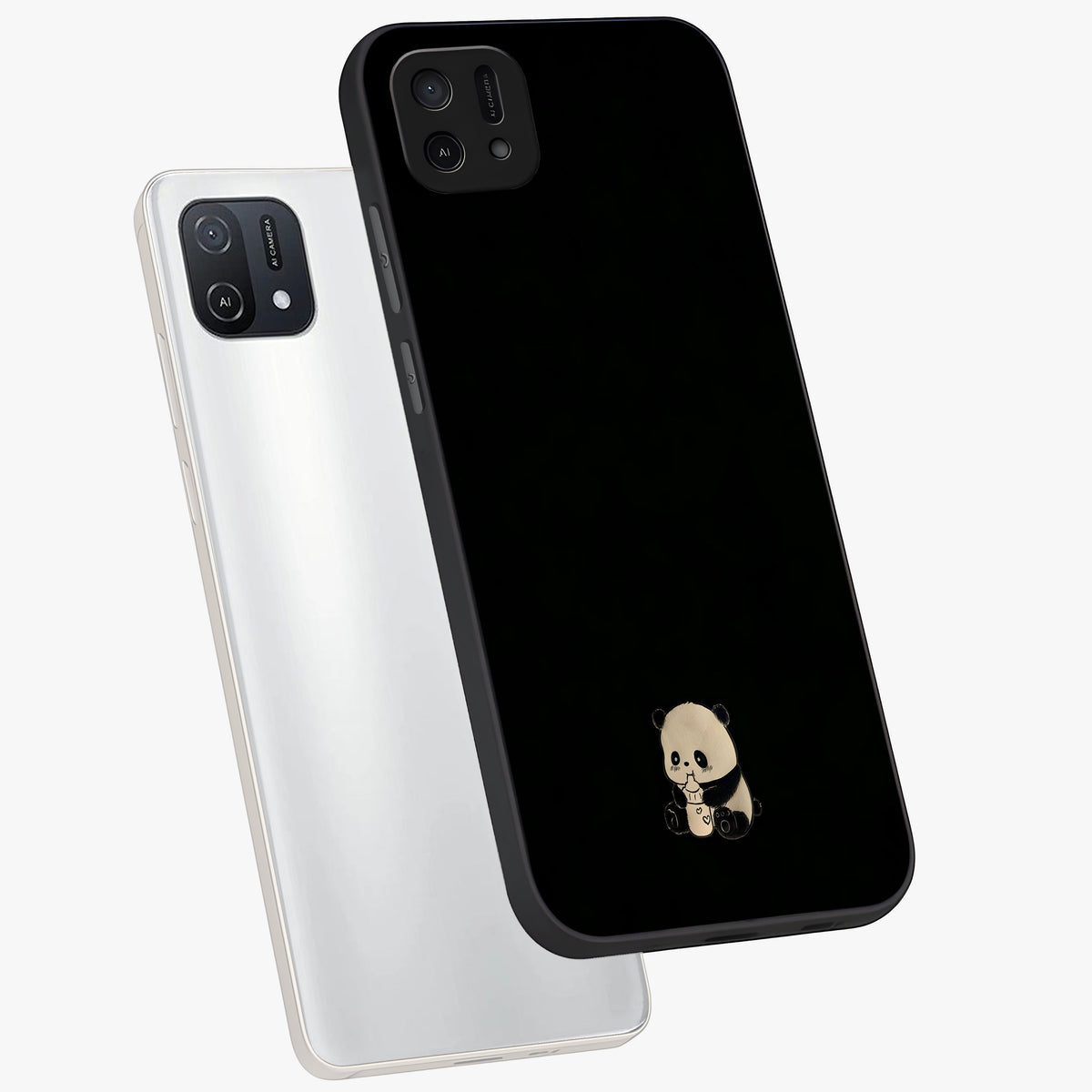 Midnight Panda Love Glass Case displayed in angled mockup highlighting adorable panda illustration with midnight aesthetic.