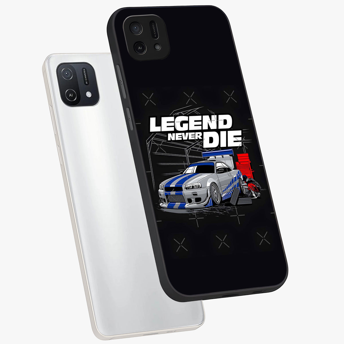 Midnight Racing Legacy Glass Case displayed in angled mockup highlighting dynamic automotive design with bold midnight aesthetic.