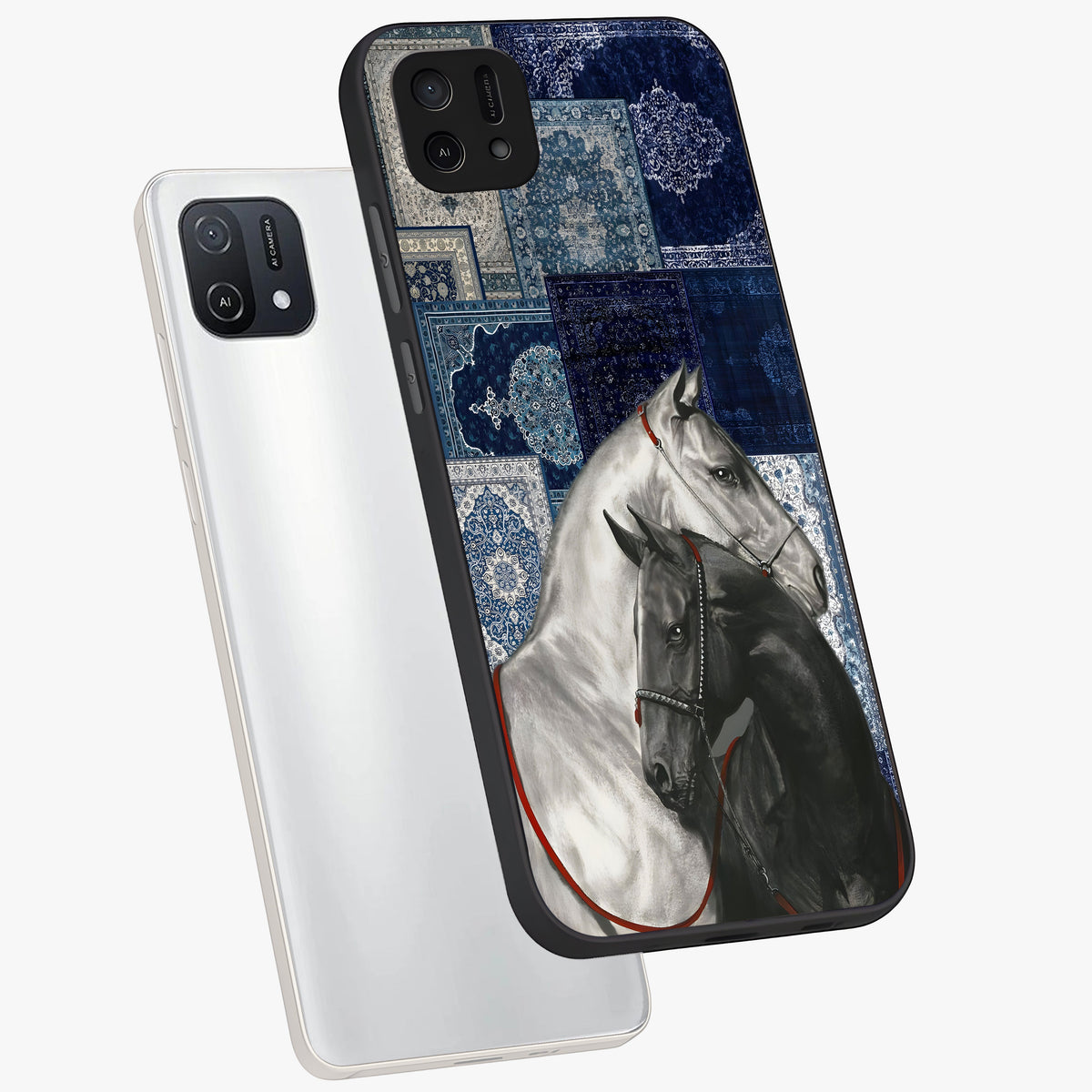 Midnight Stallion Blues Glass Case displayed in angled mockup highlighting powerful stallion illustration with deep midnight tones.