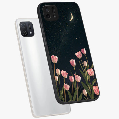Midnight Tulip Whispers Vibe Glass Case displayed in angled mockup highlighting delicate tulip design with midnight floral aesthetic.