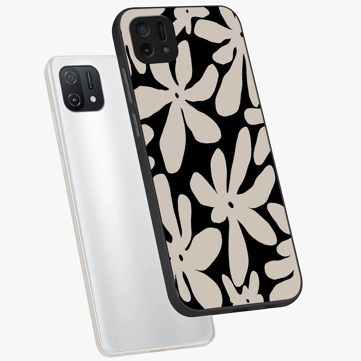 Monochrome Petal Dance Glass Case displayed in angled mockup highlighting elegant petal design with black and white aesthetic.