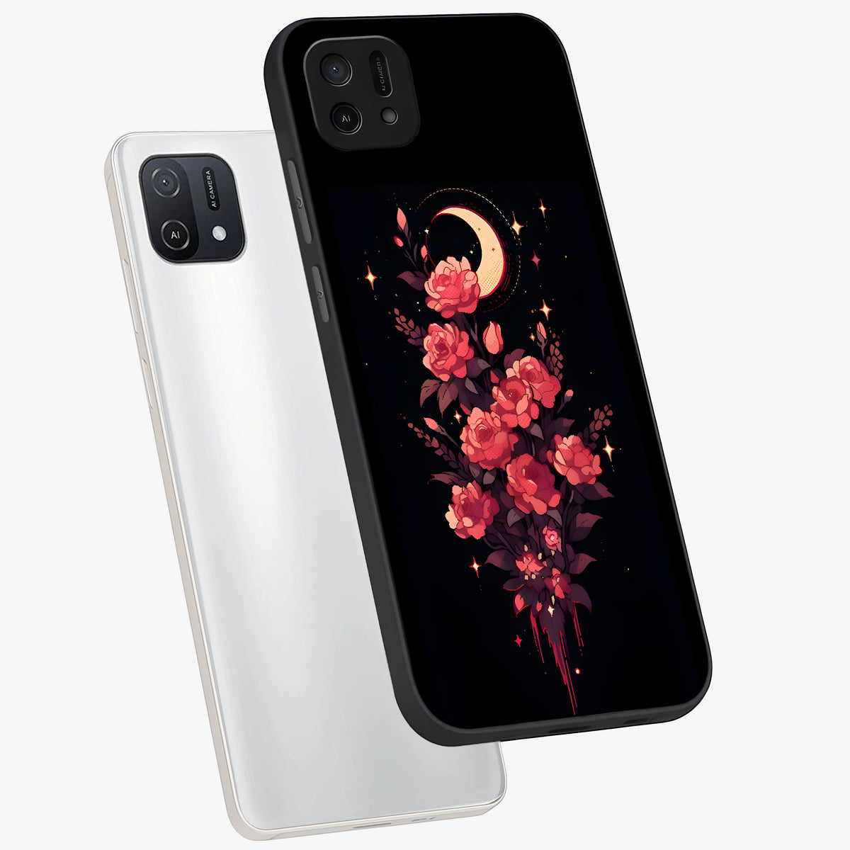 Moonlit Floral Elegance Glass Case displayed in angled mockup highlighting graceful flower design with soft moonlight aesthetic.