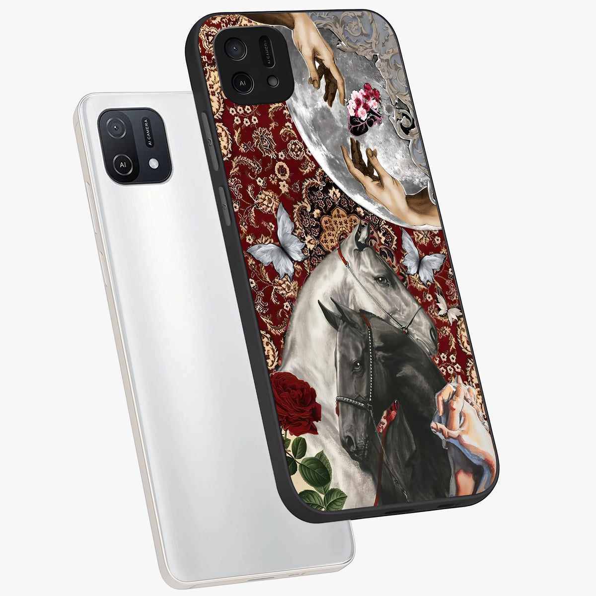 Moonlit Royal Stallion Glass Case displayed in angled mockup highlighting powerful stallion illustration with royal night aesthetic.