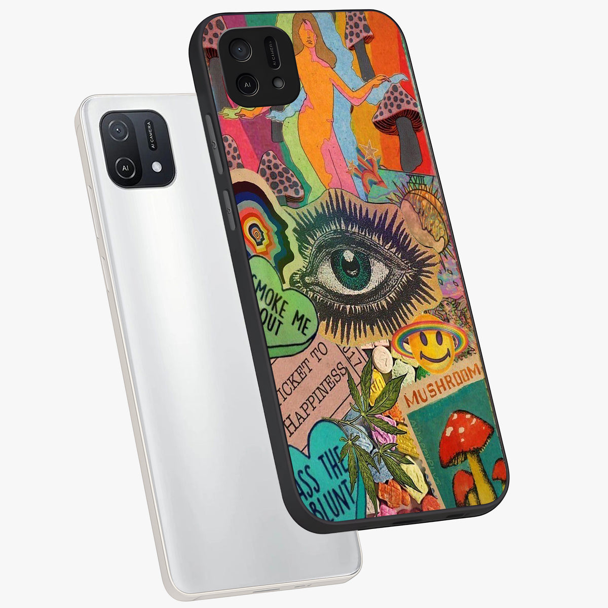 Mystic Eye Wonderland Glass Case displayed in angled mockup highlighting magical eye illustration with dreamy aesthetic.