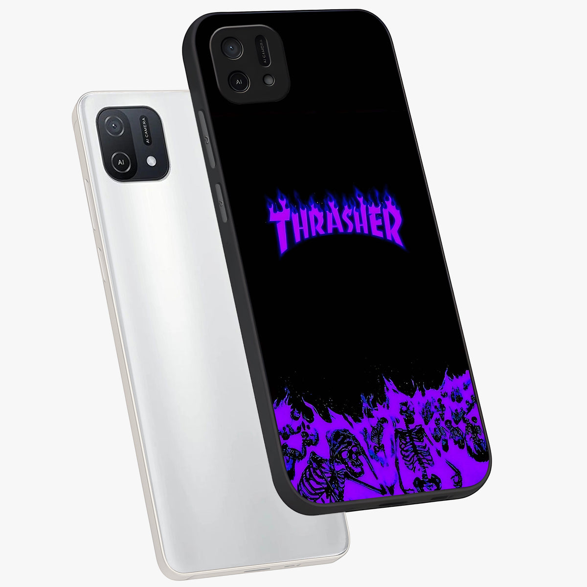 Neon Flame Riot Glass Case displayed in angled mockup highlighting glowing flame design with vibrant neon aesthetic.