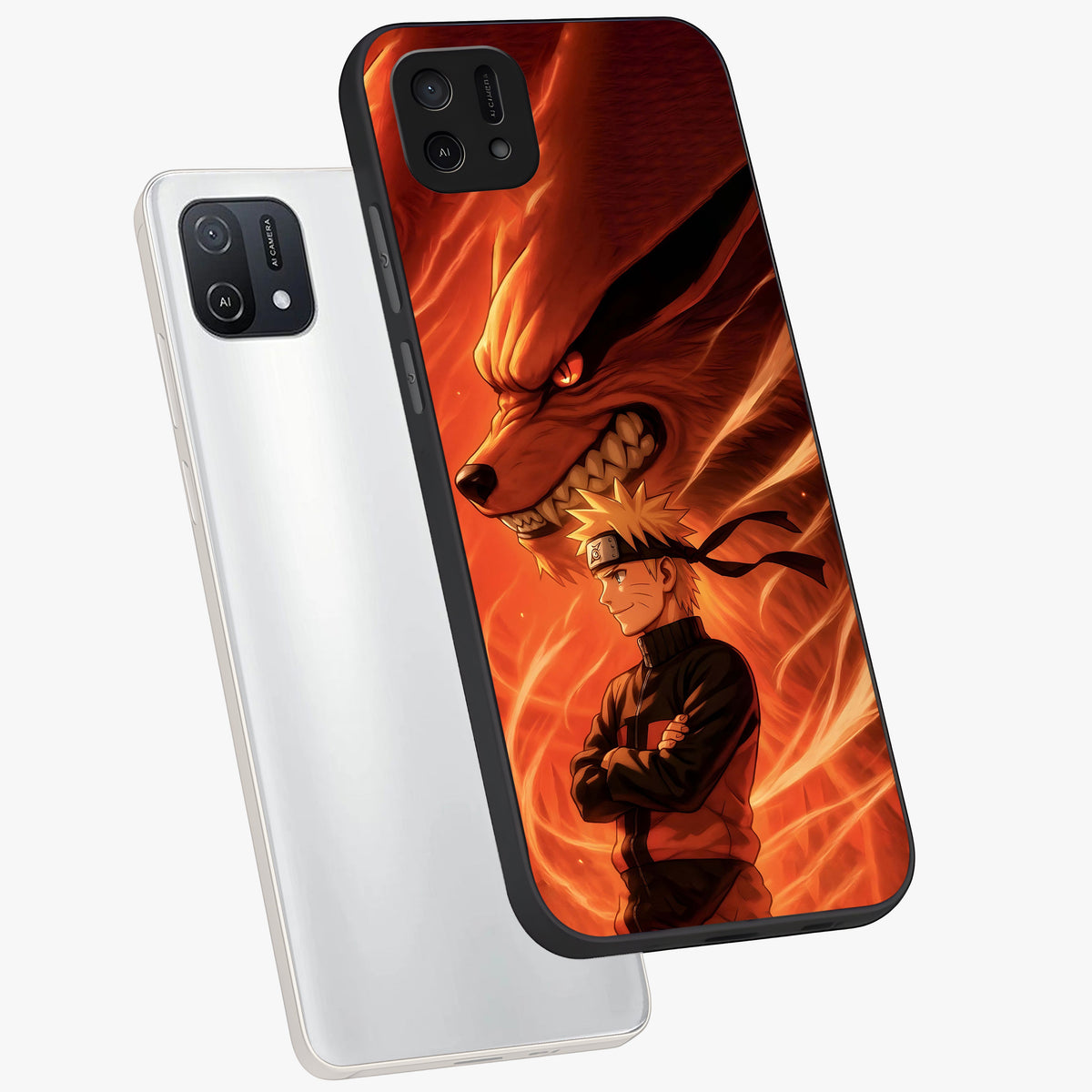 Nine Tails Legacy Glass Case displayed in angled mockup highlighting dynamic anime beast illustration with bold mystical aesthetic.