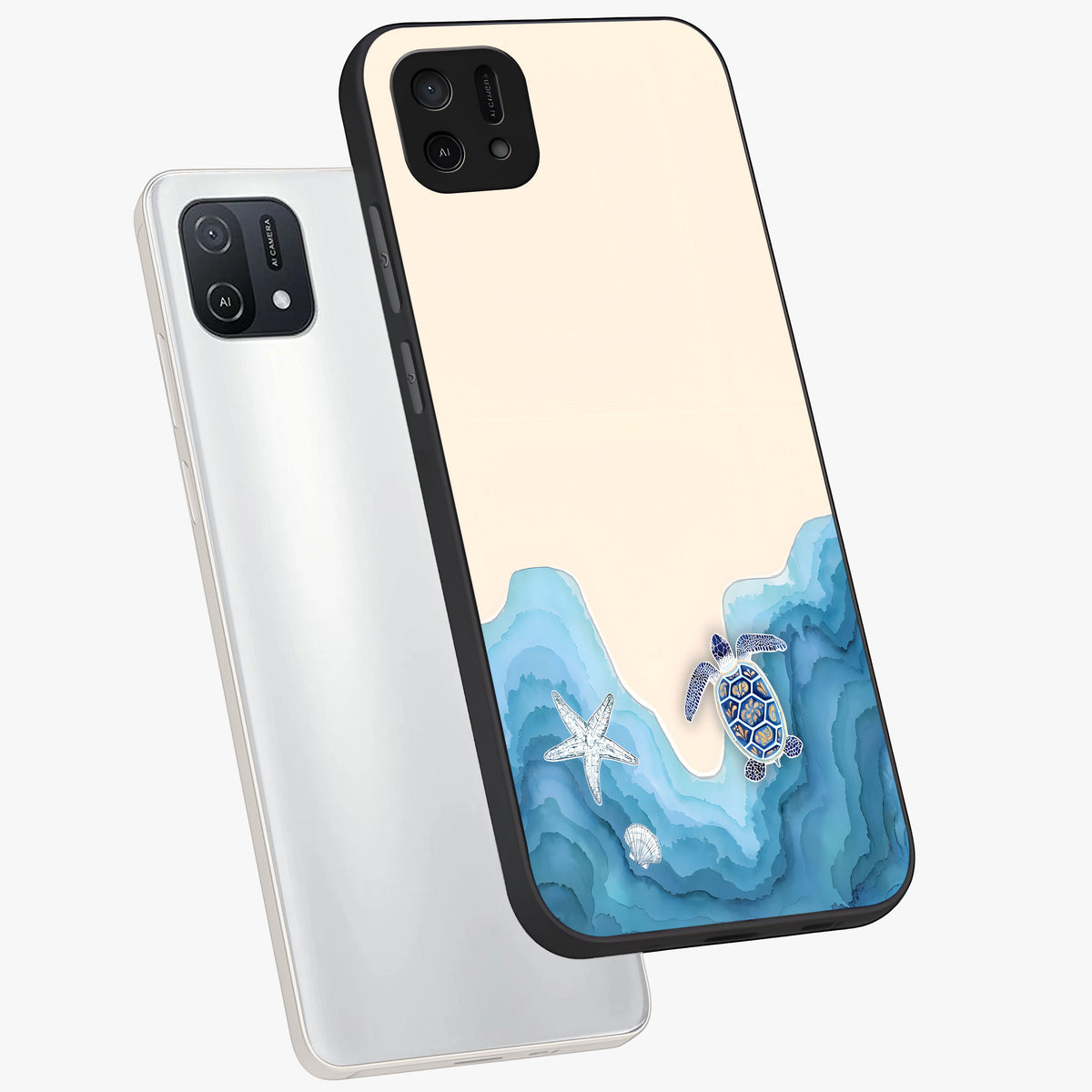 Ocean Drift Turtle Glass Case displayed in angled mockup highlighting peaceful ocean turtle illustration with marine aesthetic.