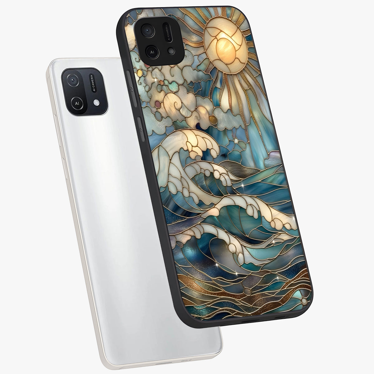 Oceanic Stained Printed Glass Case displayed in angled mockup highlighting colorful aquatic design with artistic aesthetic style.