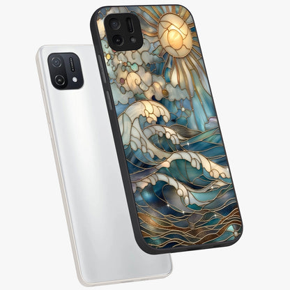 Oceanic Stained Printed Glass Case displayed in angled mockup highlighting colorful aquatic design with artistic aesthetic style.