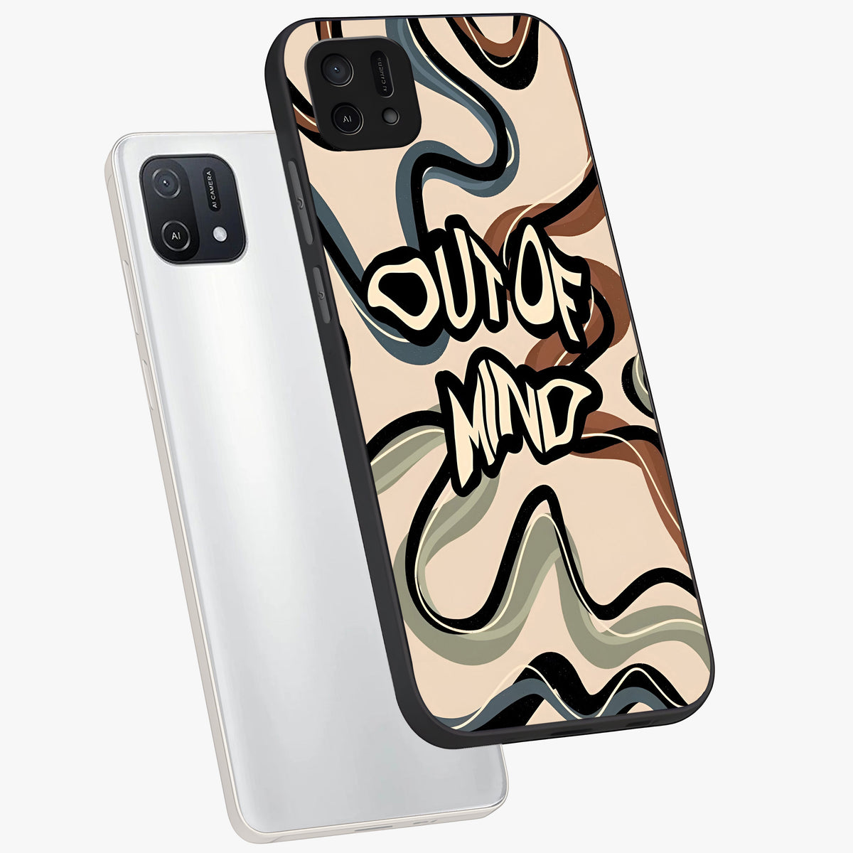 Out Of Mind Glass Case displayed in angled mockup highlighting bold statement design with modern artistic aesthetic.