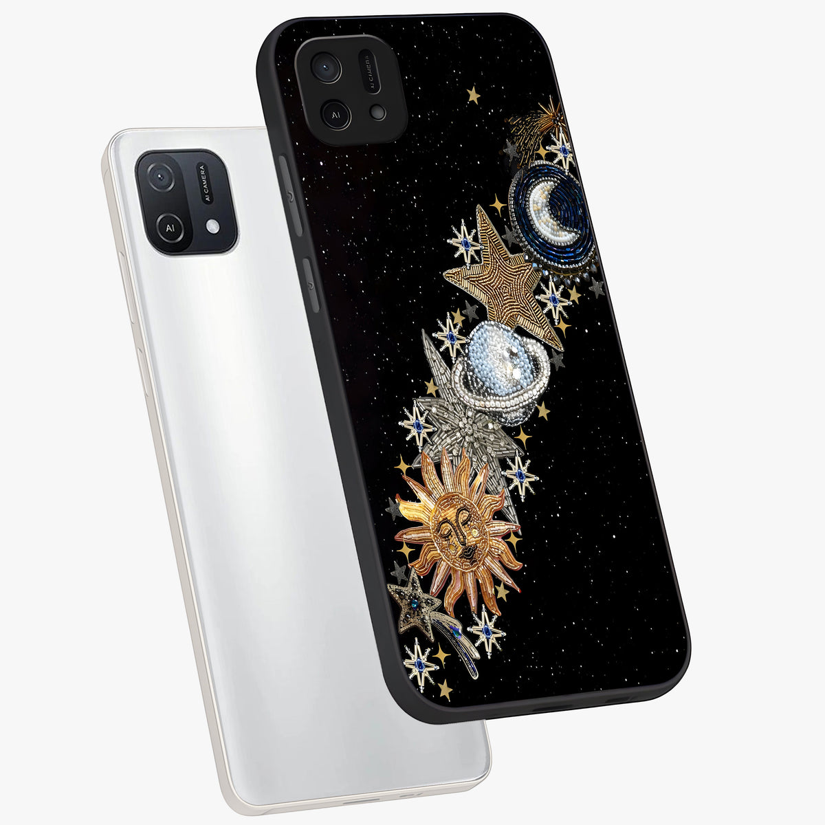 Pearls Universe Object Glass Case displayed in angled mockup highlighting celestial pearl design with dreamy aesthetic.