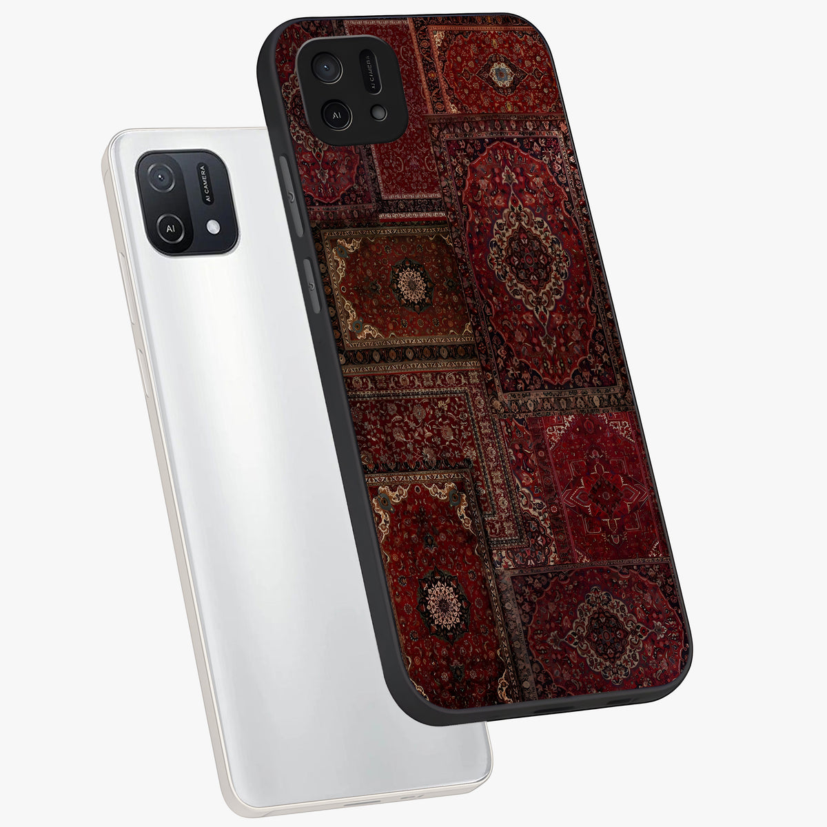 Persian Velvet Tale Glass Case displayed in angled mockup highlighting ornate textile inspired design with royal aesthetic.