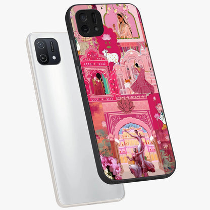 Pink Palace Muse Glass Case displayed in angled mockup highlighting dreamy palace illustration with soft pink aesthetic.