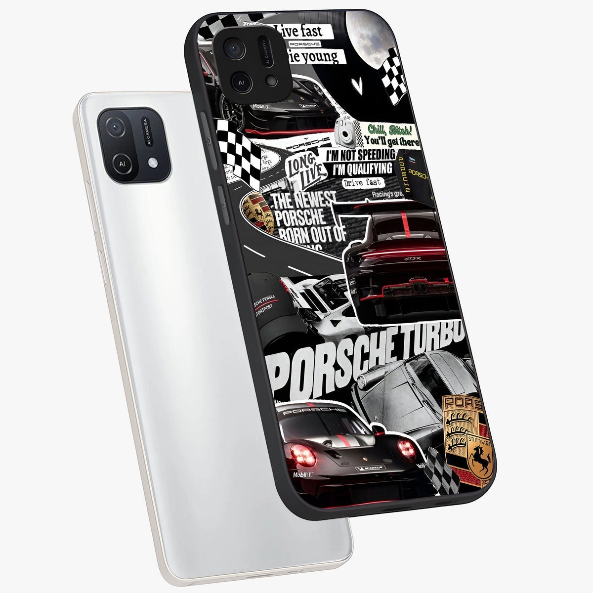 Porsche Racing Collage Glass Case displayed in angled mockup highlighting dynamic automotive design with bold racing aesthetic.