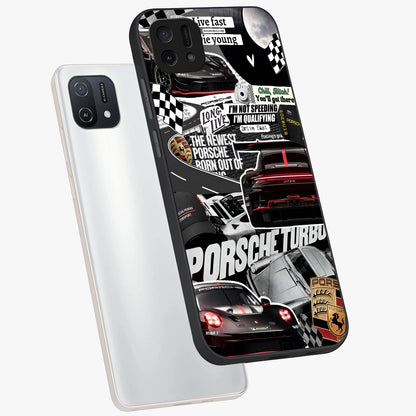 Porsche Racing Collage Glass Case displayed in angled mockup highlighting dynamic automotive design with bold racing aesthetic.
