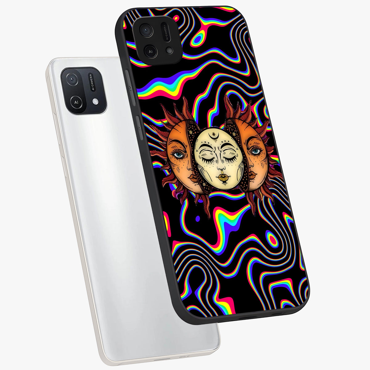 Psychedelic Sun Glass Case displayed in angled mockup highlighting vibrant abstract sun design with artistic aesthetic style.