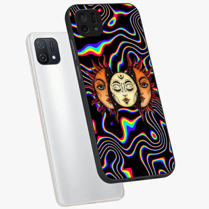 Psychedelic Sun Glass Case displayed in angled mockup highlighting vibrant abstract sun design with artistic aesthetic style.