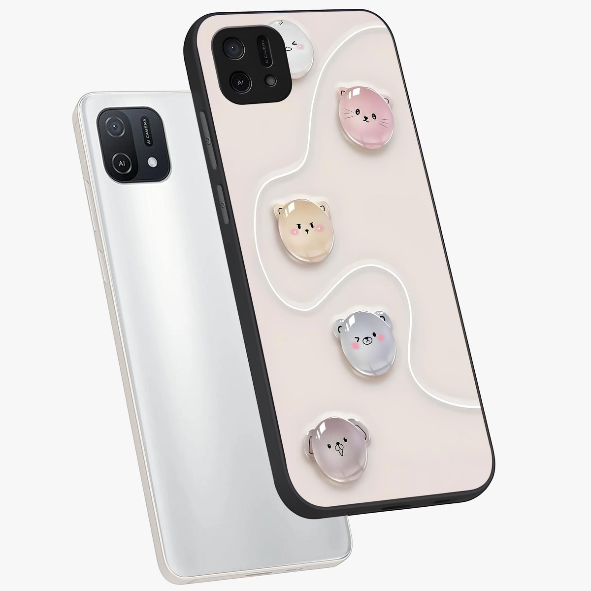 Puffy Face Parade Glass Case displayed in angled mockup highlighting playful cartoon face design with fun aesthetic.