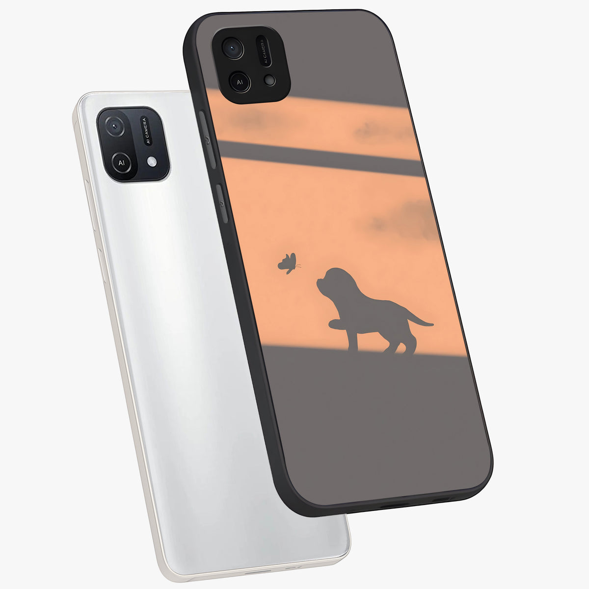 Puppy Shadow Art Glass Case displayed in angled mockup highlighting playful dog illustration with artistic shadow aesthetic.