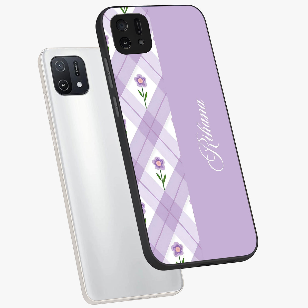 Purple Diamond Floral Glass Case displayed in angled mockup highlighting elegant purple flower design with decorative pattern.