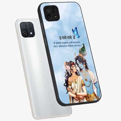 Radha Krishna Eternal Glass Case displayed in angled mockup highlighting divine Radha Krishna illustration with spiritual aesthetic.