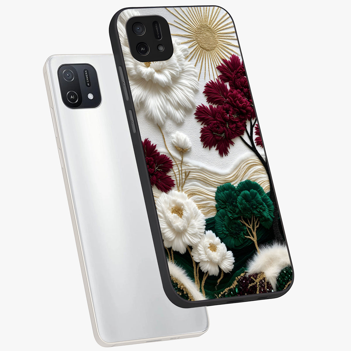 Radiant Bloom Elegance Glass Case displayed in angled mockup highlighting graceful floral design with radiant aesthetic style.