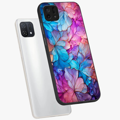 Radiant Floral Whirl Glass Case displayed in angled mockup highlighting vibrant flower pattern with dynamic artistic aesthetic.