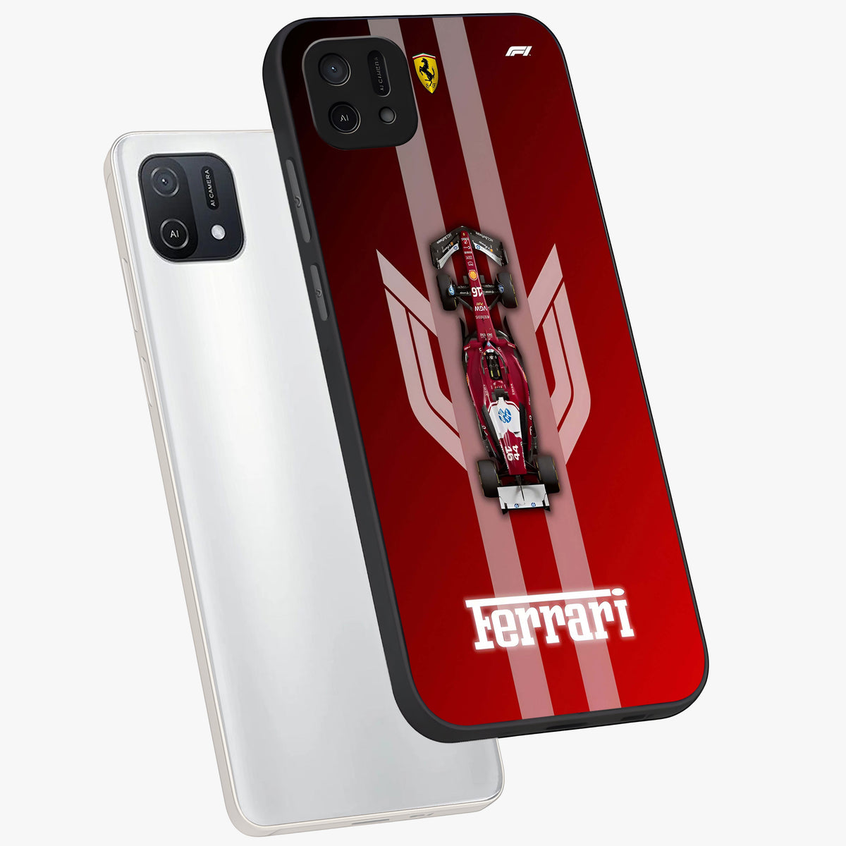 Red Ferrari F1 Vertical Glass Case displayed in angled mockup highlighting high speed racing design with bold automotive aesthetic.